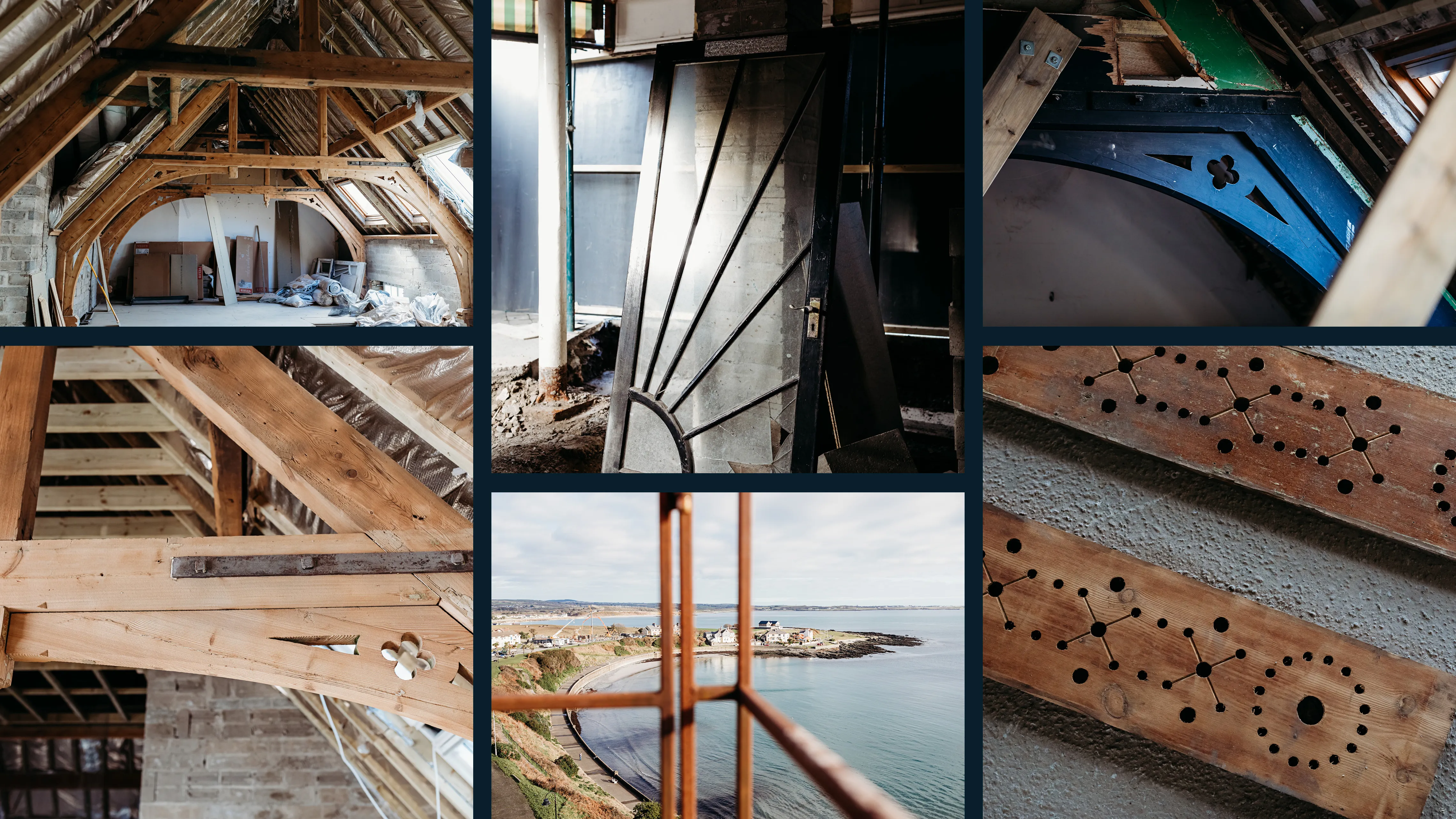 Six photographs of Manxonia House in Port St Mary, Isle of Man, during renovation, showing the original timber roof structure, the period sun motif door that inspired the Kellas brand mark, a decorative carved beam detail, close-up of original roof joinery, the view of Port St Mary bay through a rusted window frame, and original wooden boards with hand-drilled geometric patterns